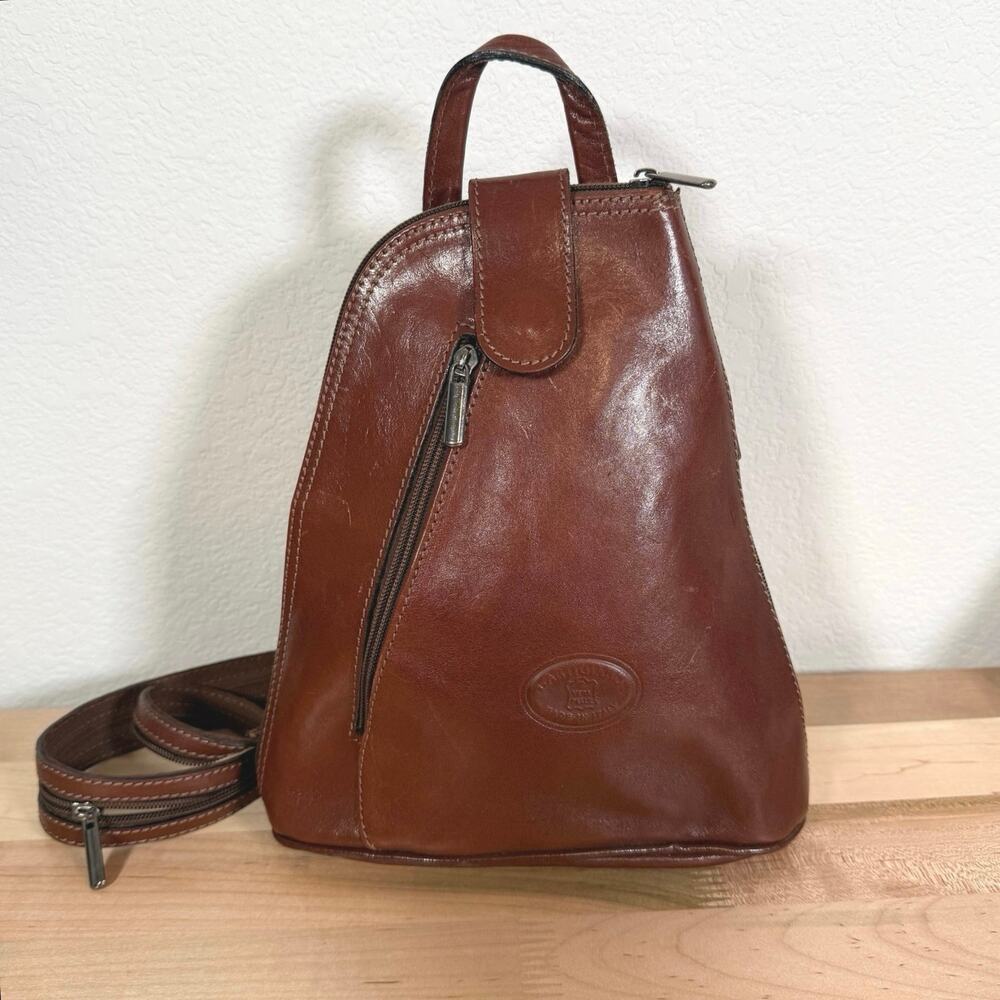 L’Artigiano Italian Leather Mini Backpack Cognac Brown Made in Italy Vintage